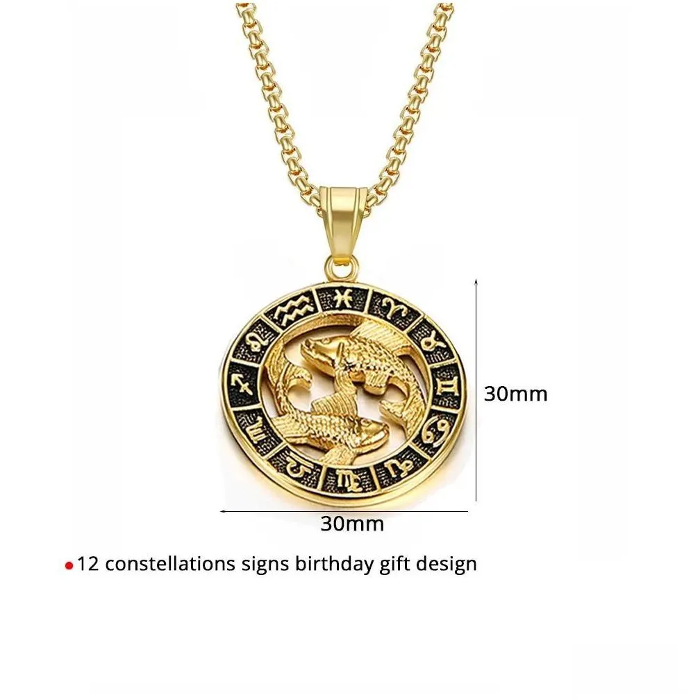 Pendant Necklaces Zodiac Sign Leo Scorpio Pendant Necklace For Women/Men 14K Yellow Gold Round 12 Constellation Necklaces Drop Deliver Dh5Wi