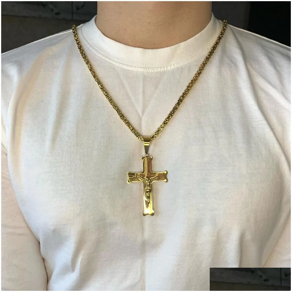 Pendant Necklaces 14K Yellow Gold Big Jesus Cross Pendant With Long Chain Mens Color Crucifix Necklaces Male Relius Jewelry Drop Deliv Dhe7Y