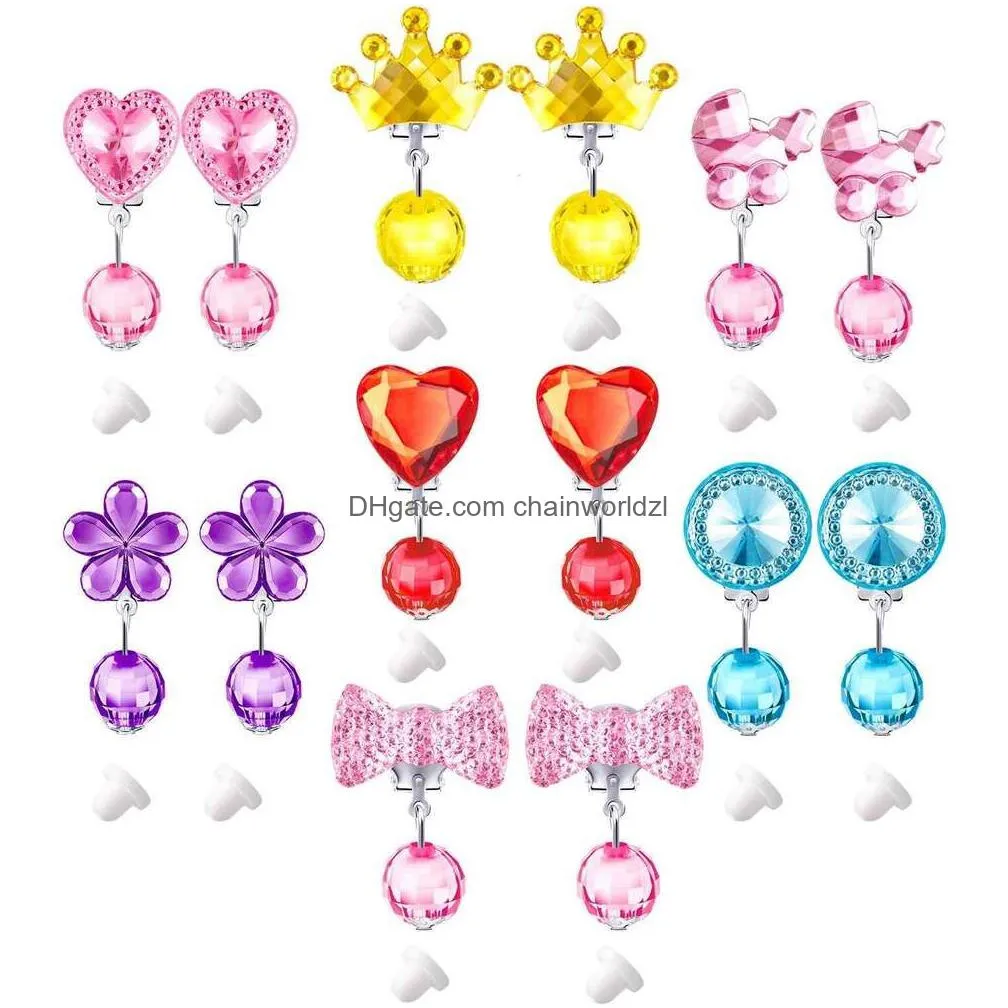 7 pairs girls clip on earrings pretend princess jewelry earring play earrings and 7 pairs earrings pads in pink box