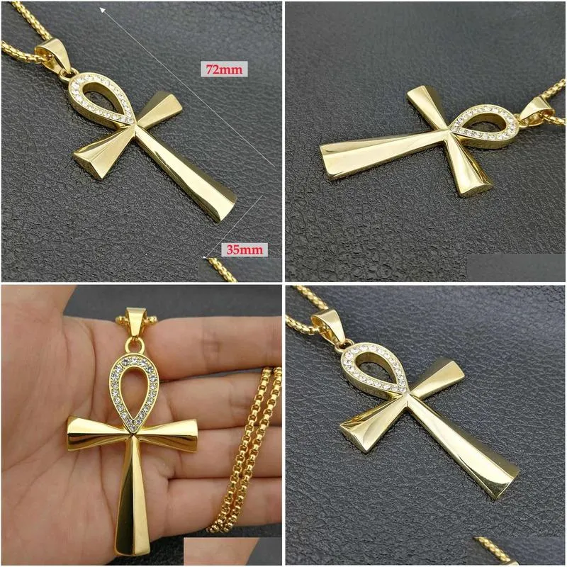 Pendant Necklaces Egypt Iced Out Bling Ankh Cross Pendant Necklace For Women And Men Key Of Life 14K Yellow Gold Egyptian Jewelry Drop Dhlfk