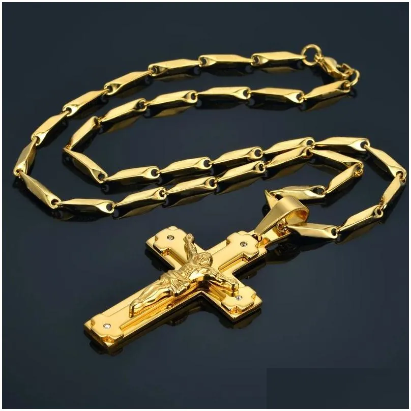 Pendant Necklaces Big Necklace Chain 4 Size 14K Yellow Gold Christian Jewelry Jesus Crucifix Mens Cross Pendant For Men Drop Delivery Dh3Jw