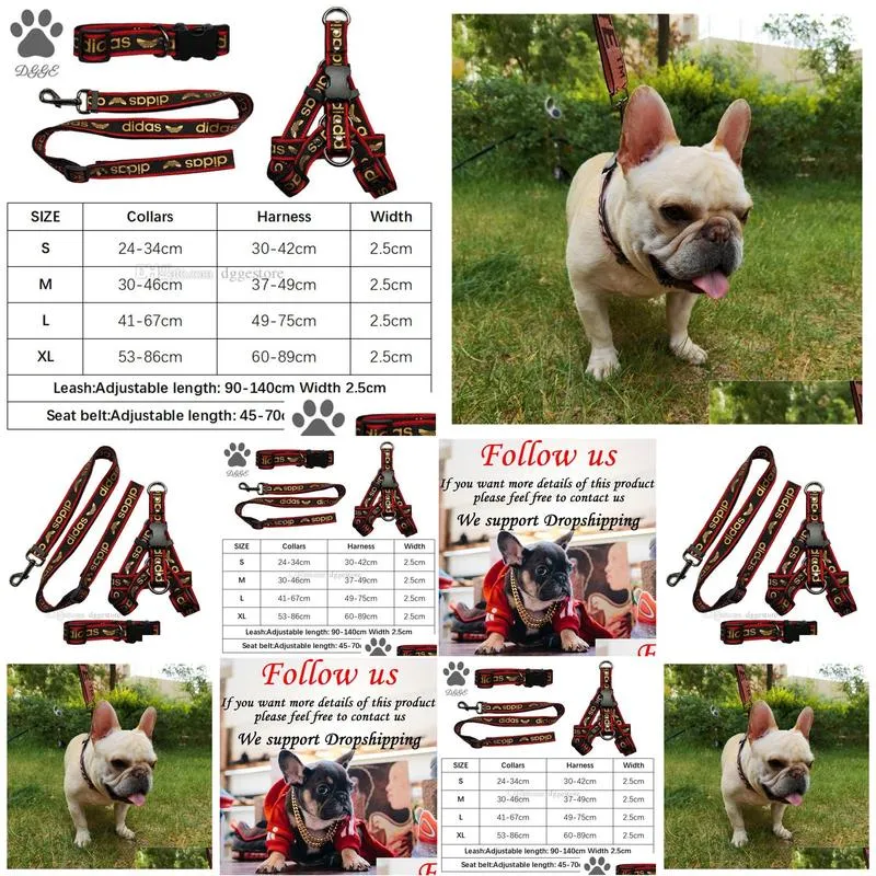Dog Collar Leashes Set 2.5cm Luxury Leash Classic Bronzing Letter Pet Collars Nylon Car Seat Belts Designer Dog Harness for Small Medium Large Dogs Bulldog Poodle