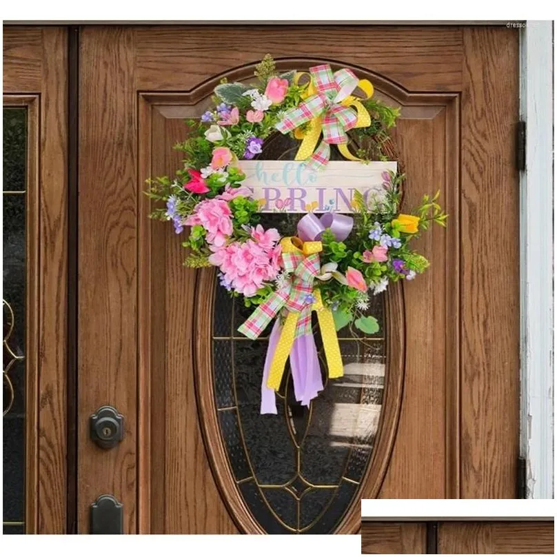 Decorative Flowers Bow Wreath Welcome Door Sign Festival Spring Summer Garlands Farmhouse Decor