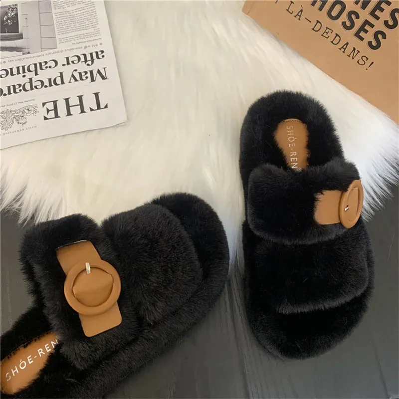 Slippers Autumn and winter mink hair rabbit hair cashmere fashion slippers Belt buckle women wear warm thick soled flat woolen shoes 231219