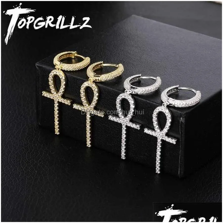 topgrillz iced zircon ankh cross earring gold silver color micro paved aaa bling cz stone earrings for man women hip hop jewelry 2318p