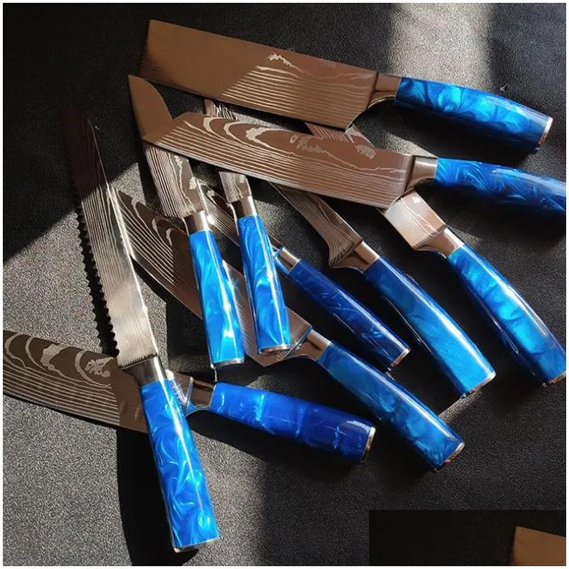 Kitchen Knife Set 10 Pieces Chef Knife Professional Japanese 7CR17 Stainless Steel Laser Damascus Knife Sharp Santoku Blue Resin Handl