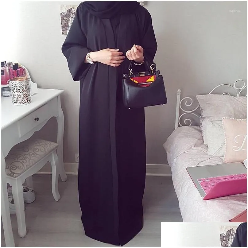 Ethnic Clothing Women Dubai Abaya Kimono Classic Open Front Solid Color Cardigan Belt Long Sleeve Islamic Robe Arabic Turkey Modest