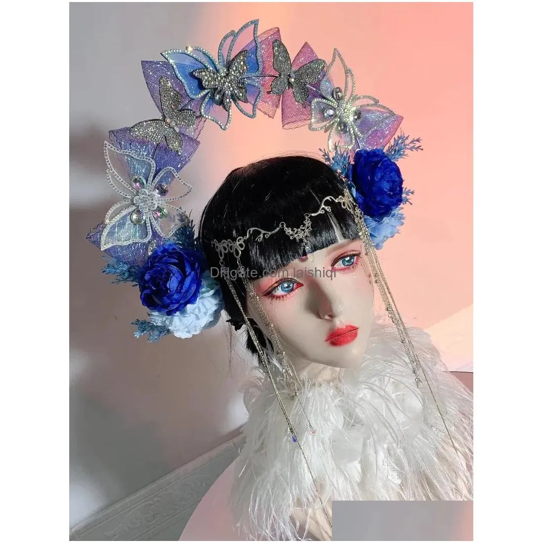 women cosplay flower mesh alloy rhinestone headwear headdress chinese national ancient costume wedding head wear hair accessory