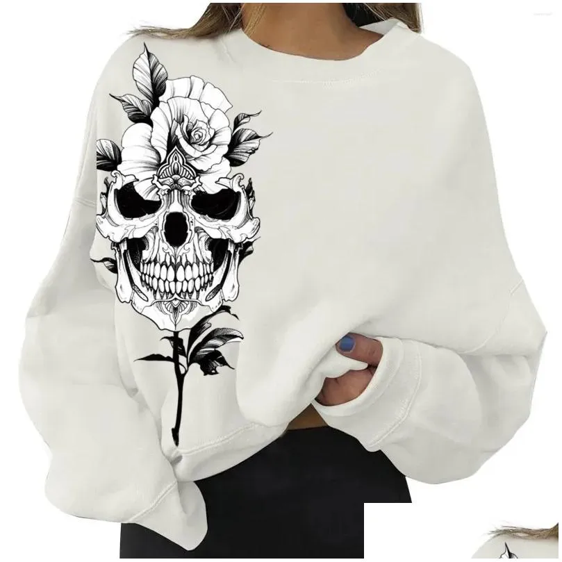 Women`s Hoodies Gothic Skull Print Hoodie Women Casual Round Neck Sweatshirt Harajuku Pullover Tops Streetwear Ladies Loose Sudaderas