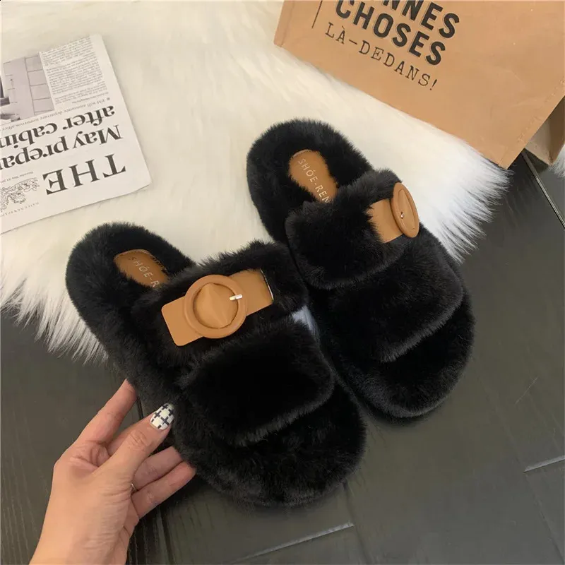 Slippers Autumn and winter mink hair rabbit hair cashmere fashion slippers Belt buckle women wear warm thick soled flat woolen shoes 231219