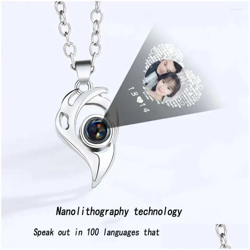 Pendant Necklaces 2PCS Stainless Steel 100 Languages I Love You Projection Magnetic Couple Necklace Heart Shape Jewelry Lover Gifts
