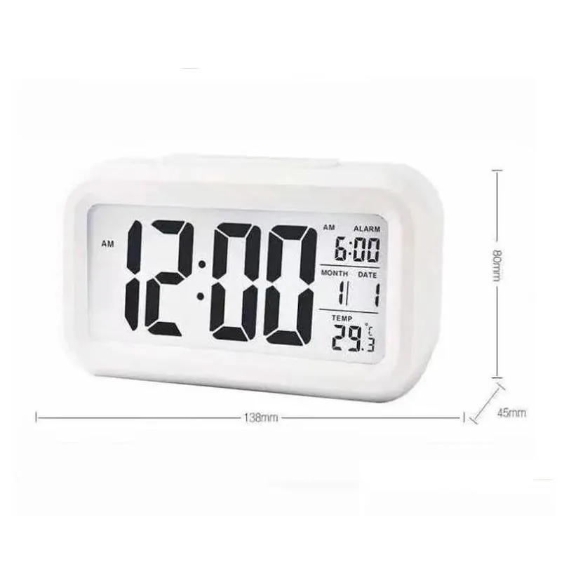 Desk & Table Clocks Plastic Mute Alarm Clock Lcd Smart Temperature Cute Posensitive Bedside Digital Alarms Clocks Sn Nightlight Calend Dhi3S