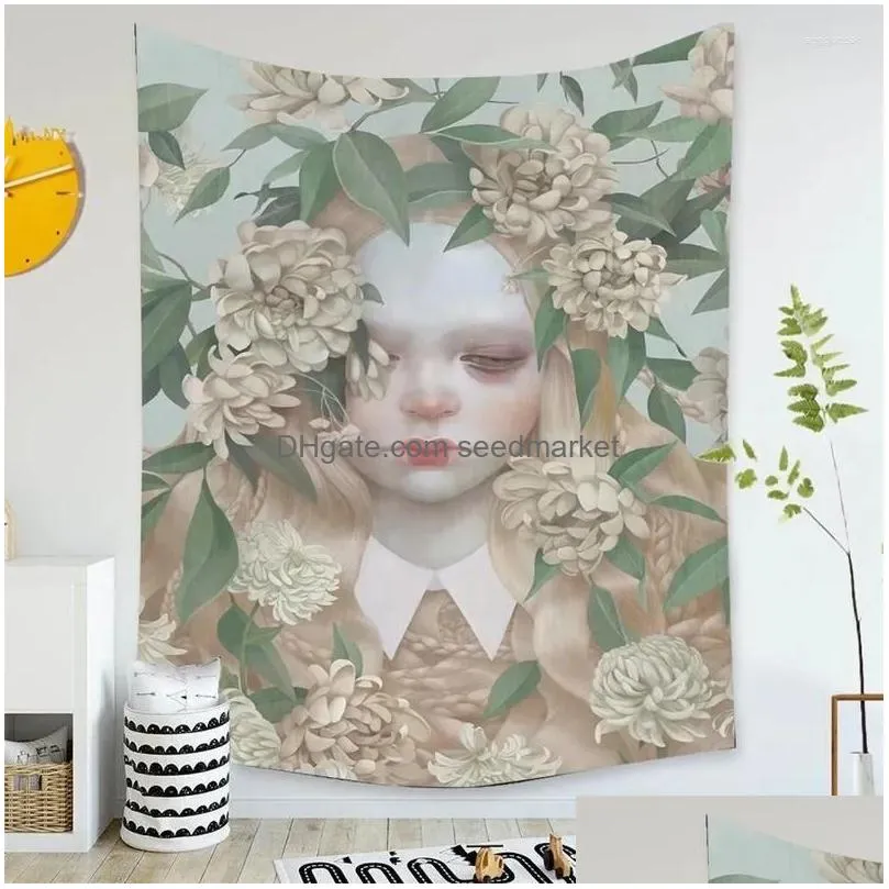 tapestries nordic girl oil painting series hanging aestheticism art tapestry home living room bedroom bedside decorations mural