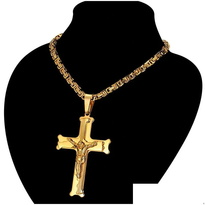 Pendant Necklaces 14K Yellow Gold Big Jesus Cross Pendant With Long Chain Mens Color Crucifix Necklaces Male Relius Jewelry Drop Deliv Dhe7Y