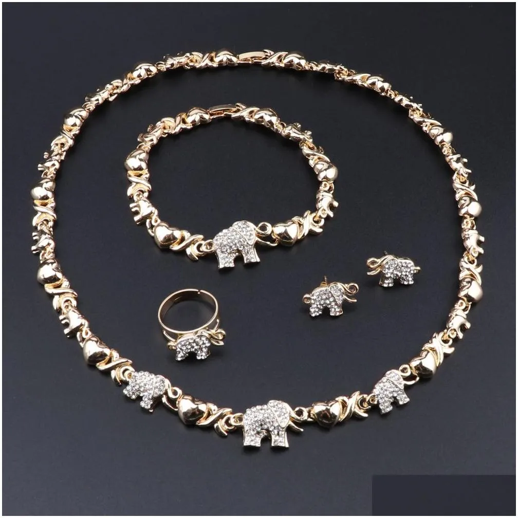 Wedding Jewelry Sets African Jewelry Elephant Crystal Necklace Earrings Dubai Gold Sets For Women Wedding Party Bracelet Ring Set283B Dhnoj