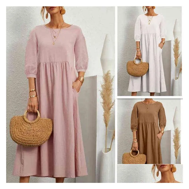 2022 New Fashion Plus Ladies Pregnancy Dress Lantern Sleeve Loose Cotton Linen Pocket Dress Maternity Dress Photo Clothing G220309