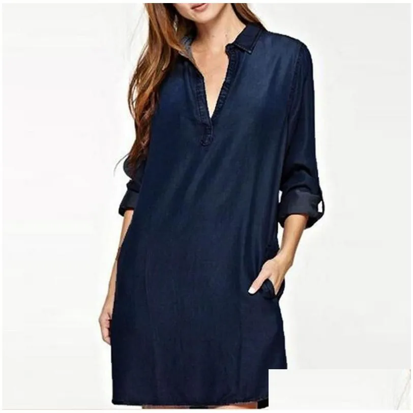 Casual Dresses Denim Dress For Women 2022 Autumn Blue V-Neck Long Sleeve Mini Plus Size Washed Shirt Vestidos