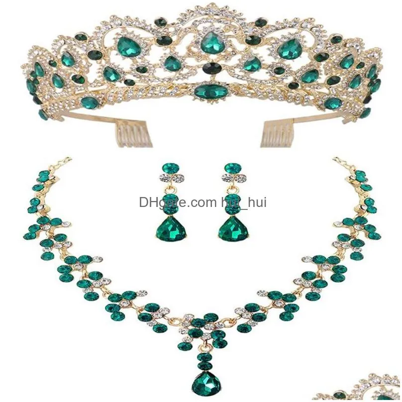 diezi red green blue crown and necklace earring jewelry set tiara rhinestone wedding bridal jewelry sets accessories207q