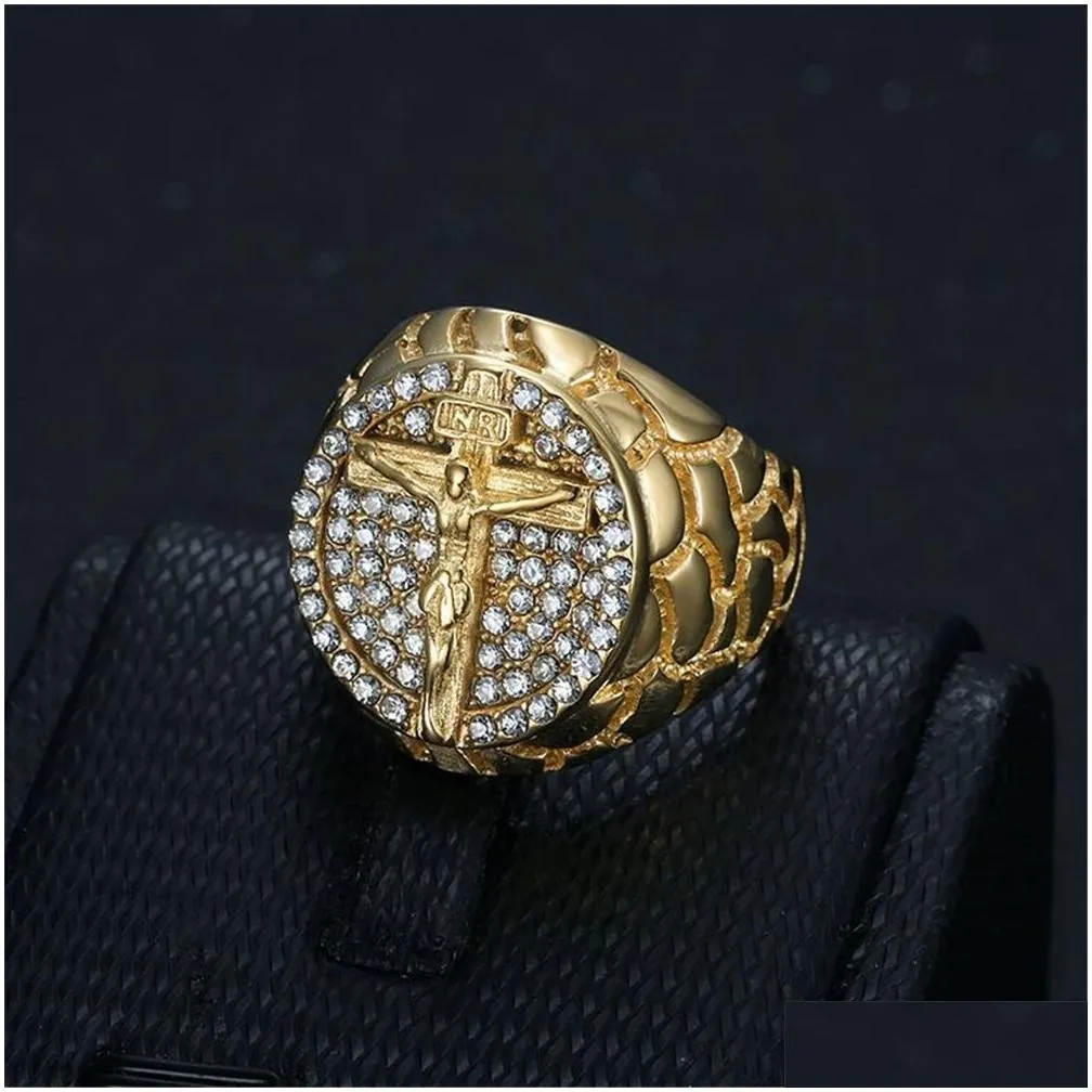 Band Rings Hip Hop Iced Out Big Jesus Ring Male Golden Color 14K Yellow Gold Christian Cross Rings For Men Relius Jewelry Drop Deliver Dh8Qc