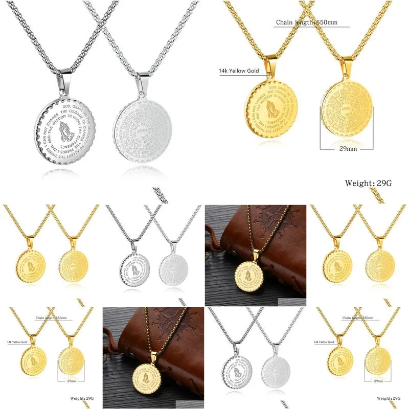 Pendant Necklaces Golden Bible Coin Medal Praying Hands Necklace Pendant 14K Yellow Gold Chain Relius Prayer Christian Jewelry Drop De Dhamq