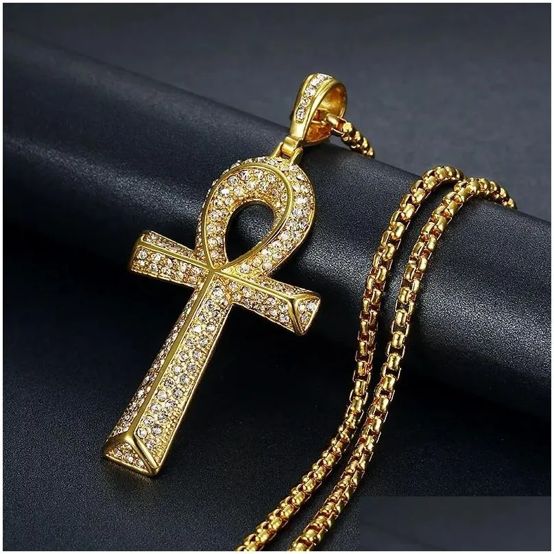 Pendant Necklaces Mens Egyptian Ankh Cross Pendant With 14K Yellow Gold Chain And Iced Out Bling Fl Rhinestones Necklace Hip Hop Egypt Dhvzq