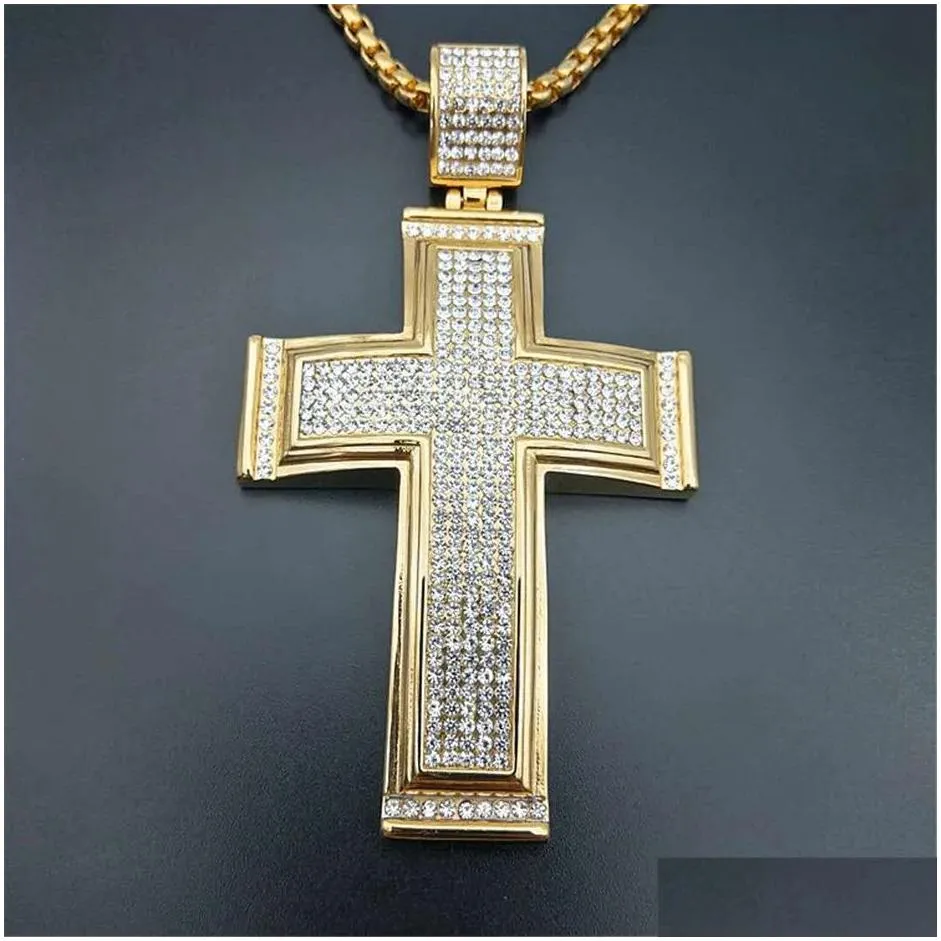 Pendant Necklaces Hip Hop Iced Out Big Cross Pendant Necklace For Men 14K Yellow Gold Rhinestone Hiphop Christian Jewelry Drop Deliver Dh5Pv