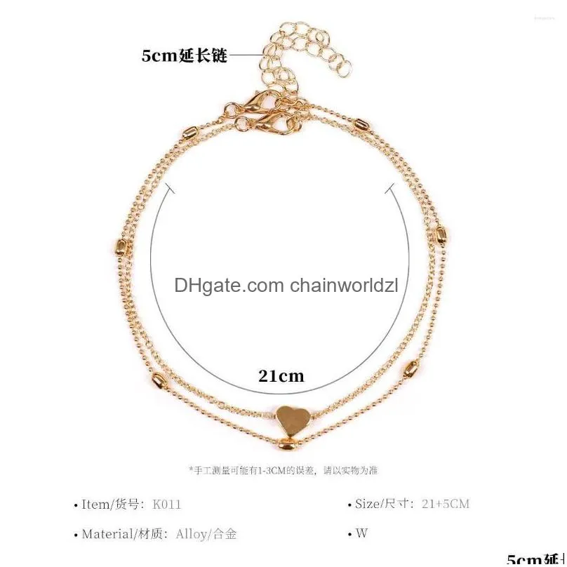 anklets summer beach beads peach heart chain for women fashion metal gold color double layer barefoot ankle bracelets