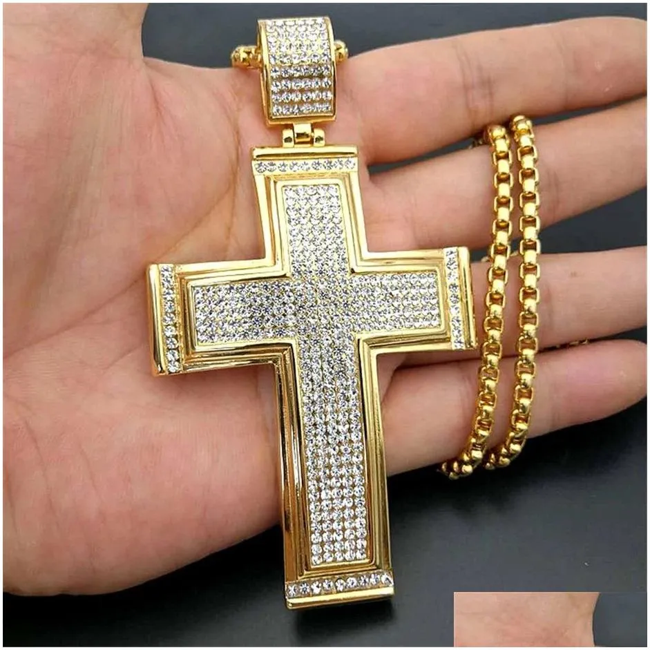 Pendant Necklaces Hip Hop Iced Out Big Cross Pendant Necklace For Men 14K Yellow Gold Rhinestone Hiphop Christian Jewelry Drop Deliver Dh5Pv