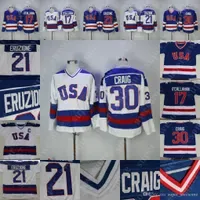 1980 USA Hockey Team Jersey 30 Jim Craig 21 Mike Eruzione 17 Jack O`Callahan Hockey Jerseys Blue White Stitched