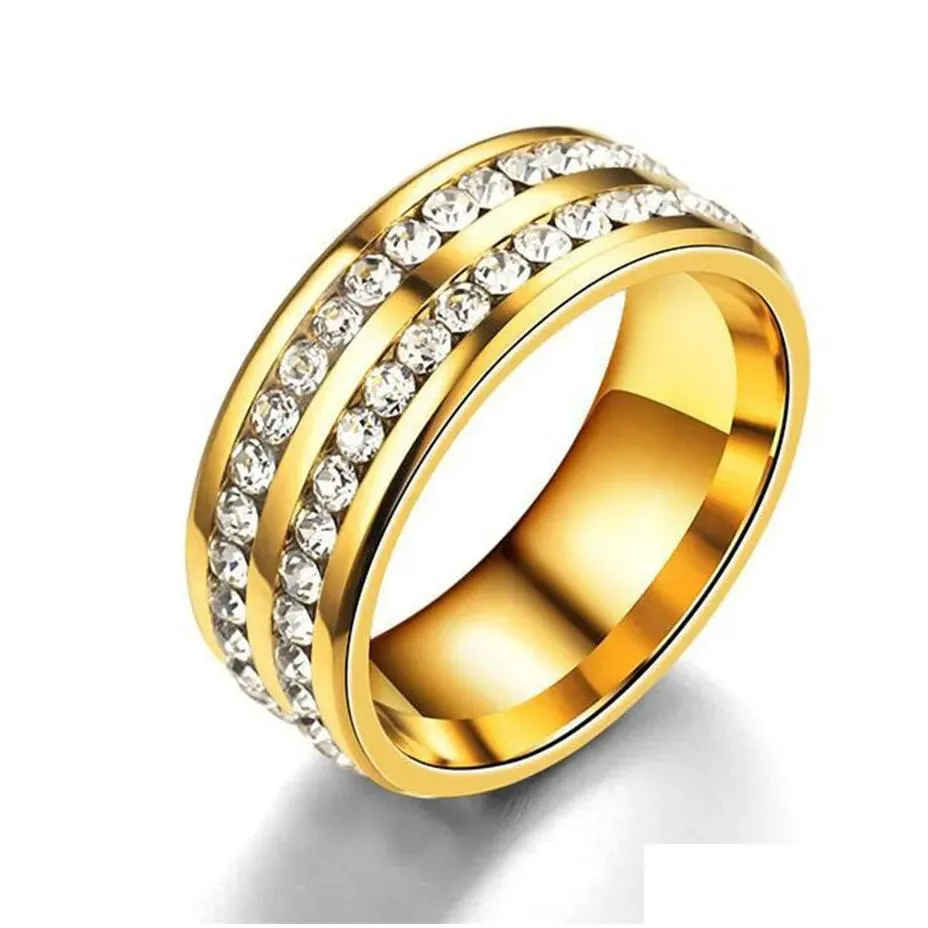 Couple Rings Hip Hop Iced Out Bling 2 Row Cz Ring Female 14K Yellow Gold Wedding Engagement Rings For Women Men Jewelry High Quality D Dhbz1