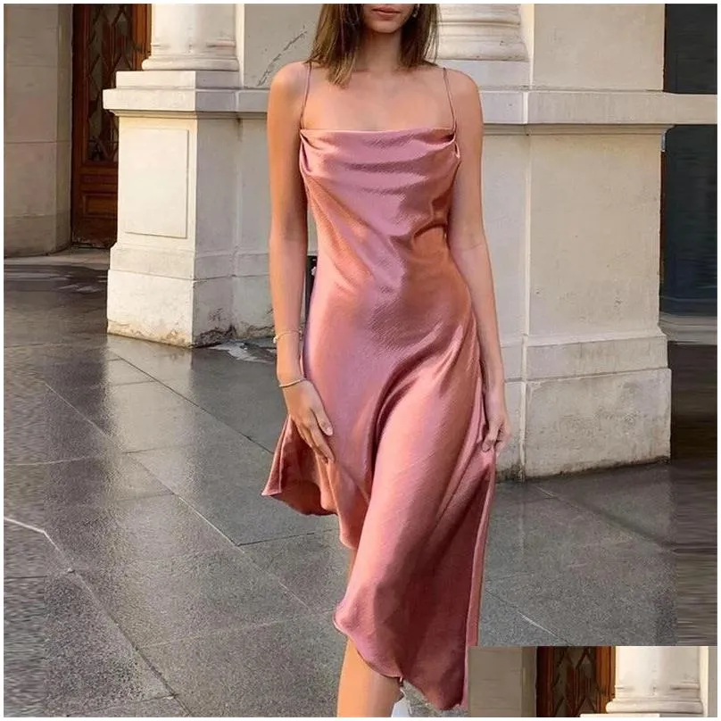 Women`s Sexy Trim Side Fork Smooth Fabric Irregular Sling Dress Women Party Casual Dresses
