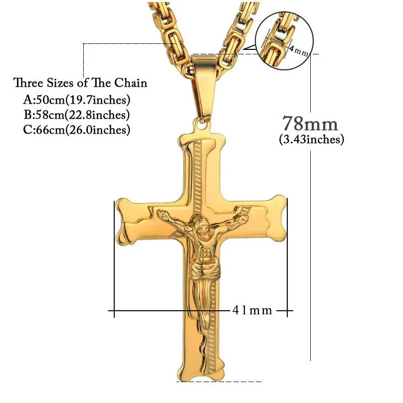 Pendant Necklaces 14K Yellow Gold Big Jesus Cross Pendant With Long Chain Mens Color Crucifix Necklaces Male Relius Jewelry Drop Deliv Dhe7Y