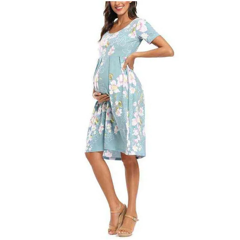 Women Short Sleeve Knee Length Maternity Dress Pregnancy Printting Pregnancy Clothes Mama Clothes A Line Casual Dress G220309