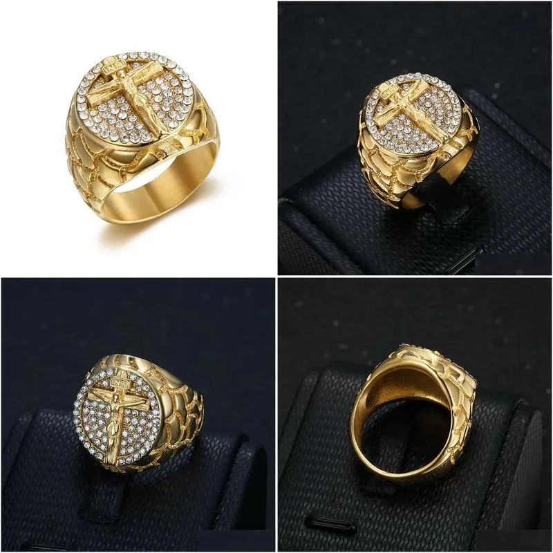 Band Rings Hip Hop Iced Out Big Jesus Ring Male Golden Color 14K Yellow Gold Christian Cross Rings For Men Relius Jewelry Drop Deliver Dh8Qc