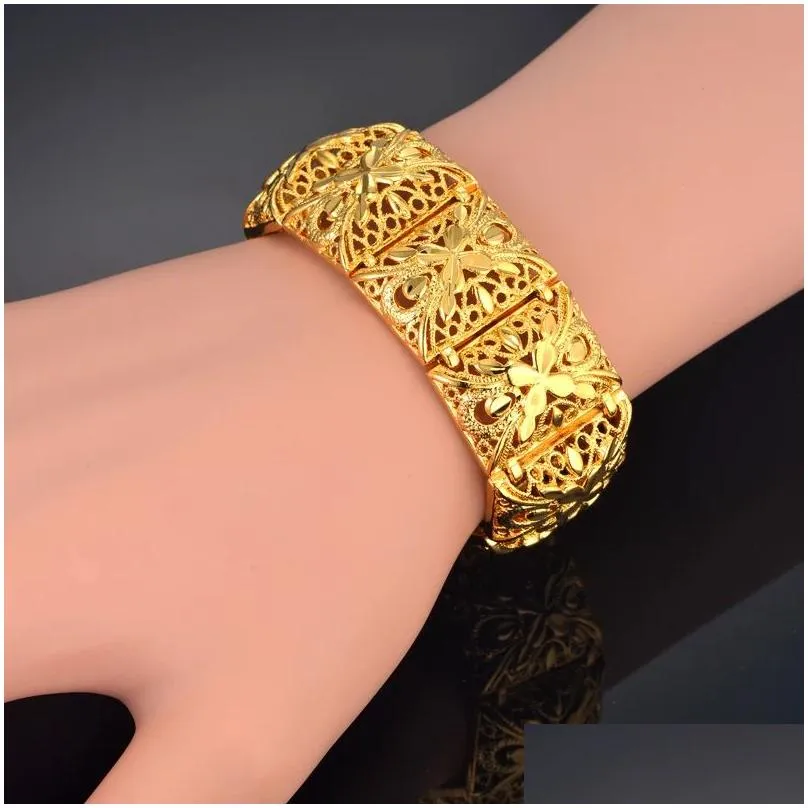 Charm Bracelets Wide Bracelet 22Mm 14K Yellow Gold Chain Link Chunky Bracelets Bangles For Women Vintage Jewelry Flower Big Drop Deliv Dhzfl