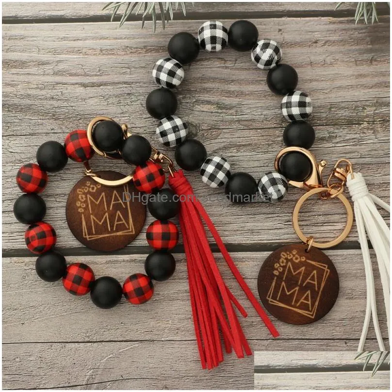keychain tassels wood bead bracelet party favor leather key ring wrist keychains pendant