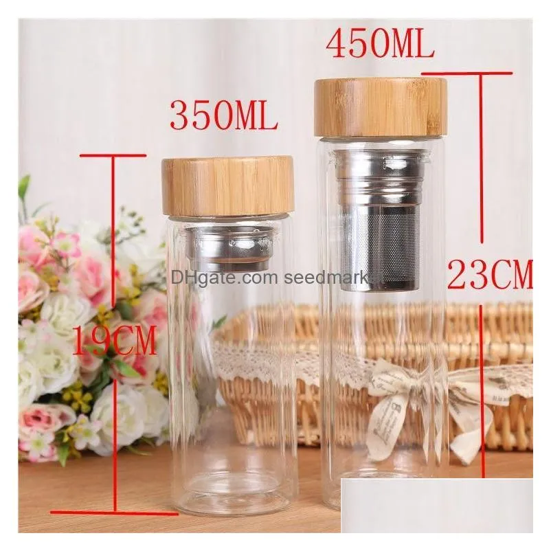 350/450ml double wall glass water bottle tea infuser office tea cup stainless steel filters bamboo lid travel drinkware fy5505 bb1116