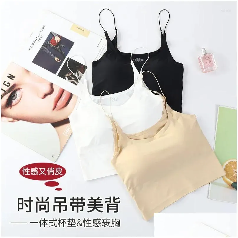 Camisoles & Tanks Spaghetti Strap Beauty Back Ice Silk Sling Tube Top Bottoming Seamless With Chest Pad Sexy U-Shaped Chest-Wrapped