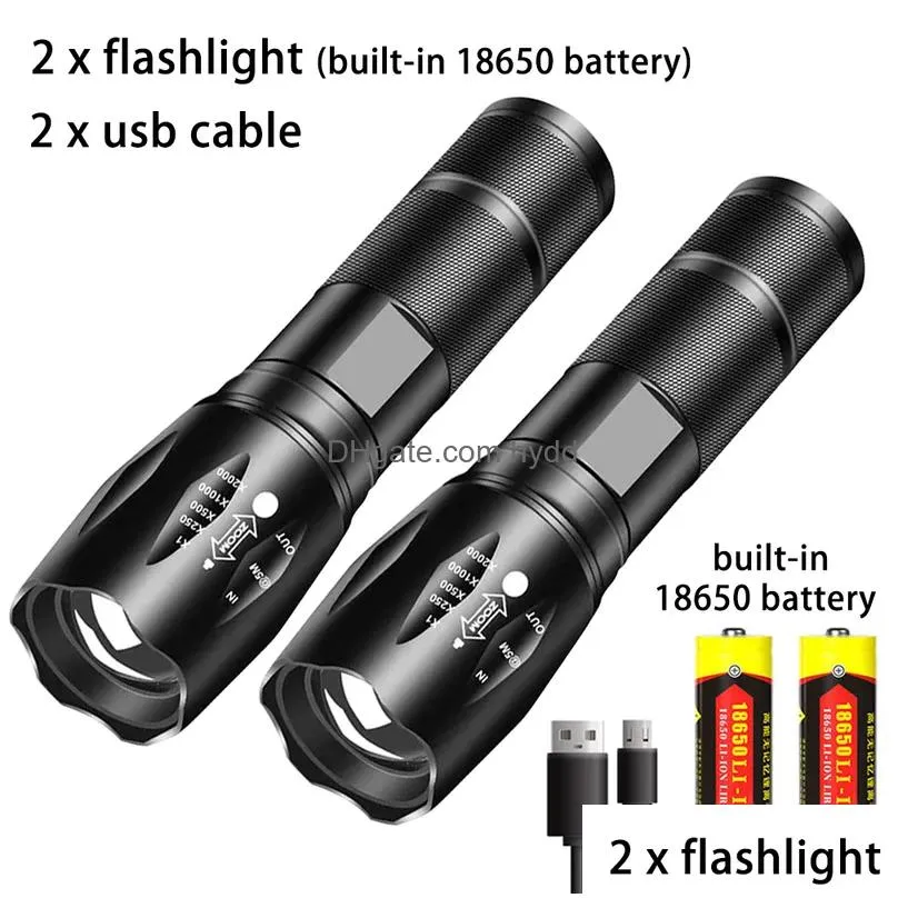 powerful t6 led flashlight aluminum alloy portable torch usb rechargeable outdoor camping tactical flash light 220413