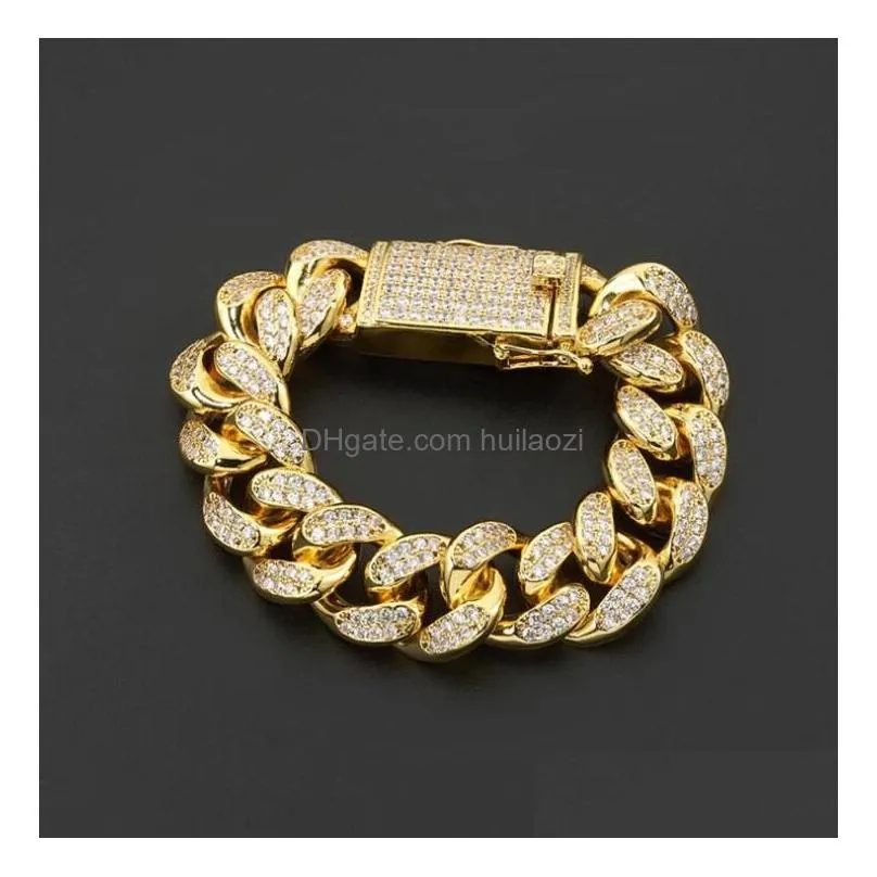 18k yellow gold plated cubic zircon diamond fashion bracelets bangles high quality gold plated iced out  cuban bracelet hip186r