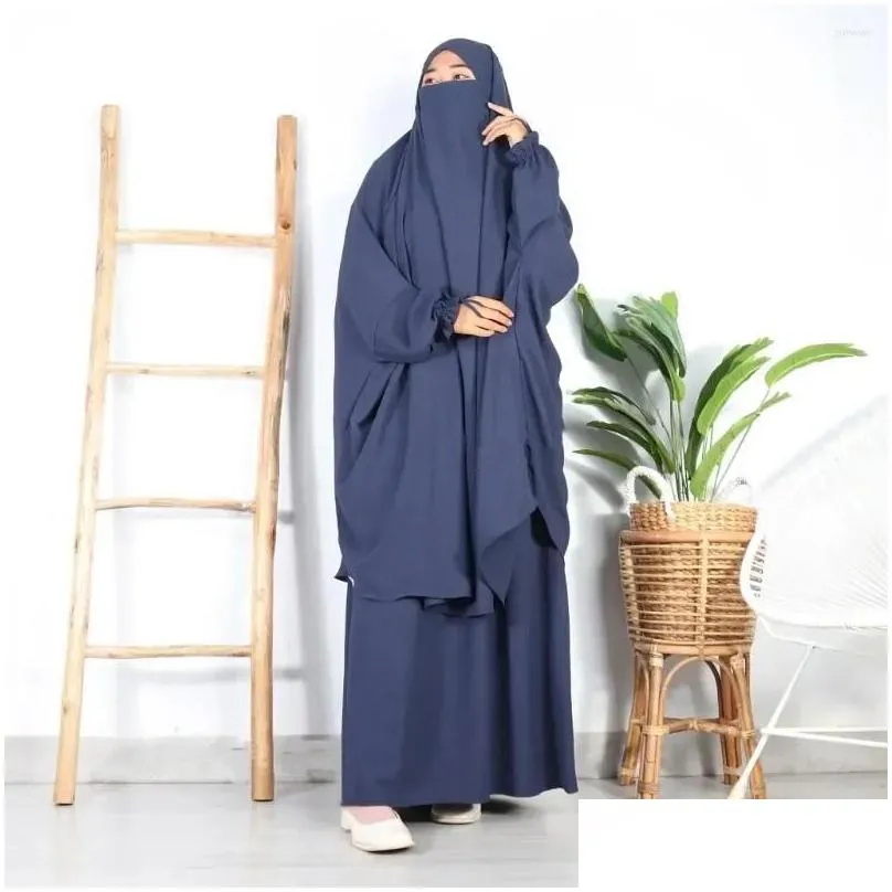 Ethnic Clothing Women Hooded Abaya Jilbabs 2 Piece Ramadan Eid Muslim Prayer Garment Long Khimar And Skirt Set Islam Clothes Dubai