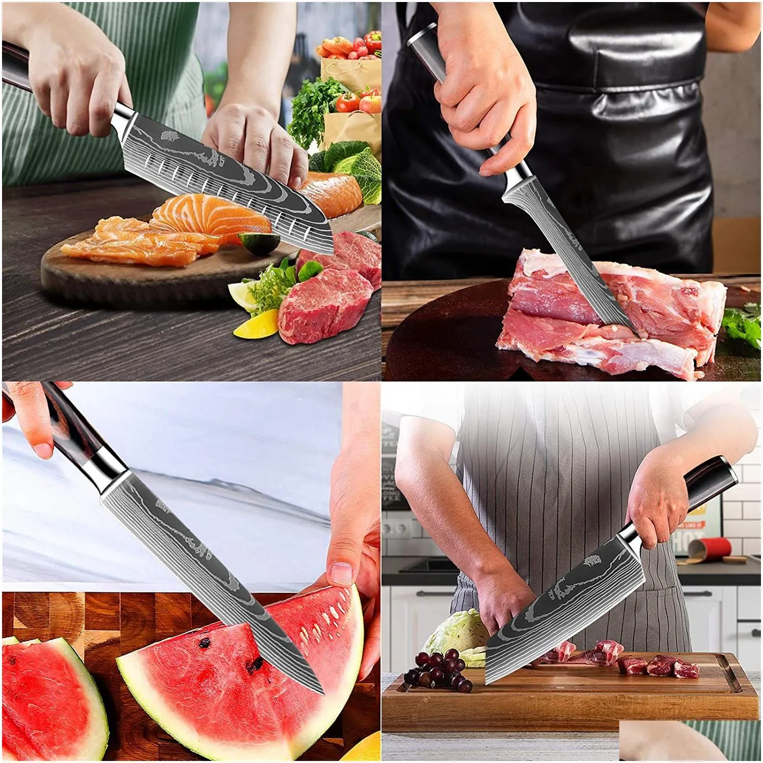 Kitchen Knife Set 10 Pieces Chef Knife Professional Japanese 7CR17 Stainless Steel Laser Damascus Knife Sharp Santoku Blue Resin Handl