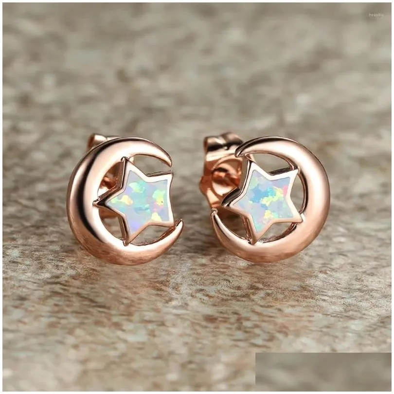 Stud Earrings Romantic Cute Moon Star Rose Gold Color Natural Fire Opal For Women Anniversary Banquet Dainty Jewelry