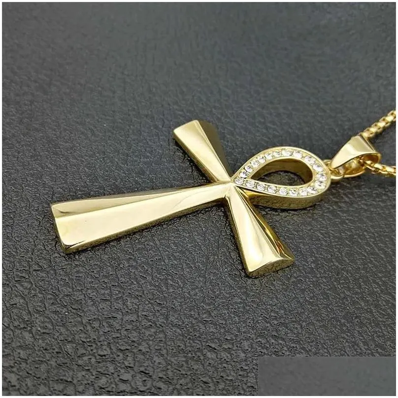 Pendant Necklaces Egypt Iced Out Bling Ankh Cross Pendant Necklace For Women And Men Key Of Life 14K Yellow Gold Egyptian Jewelry Drop Dhlfk