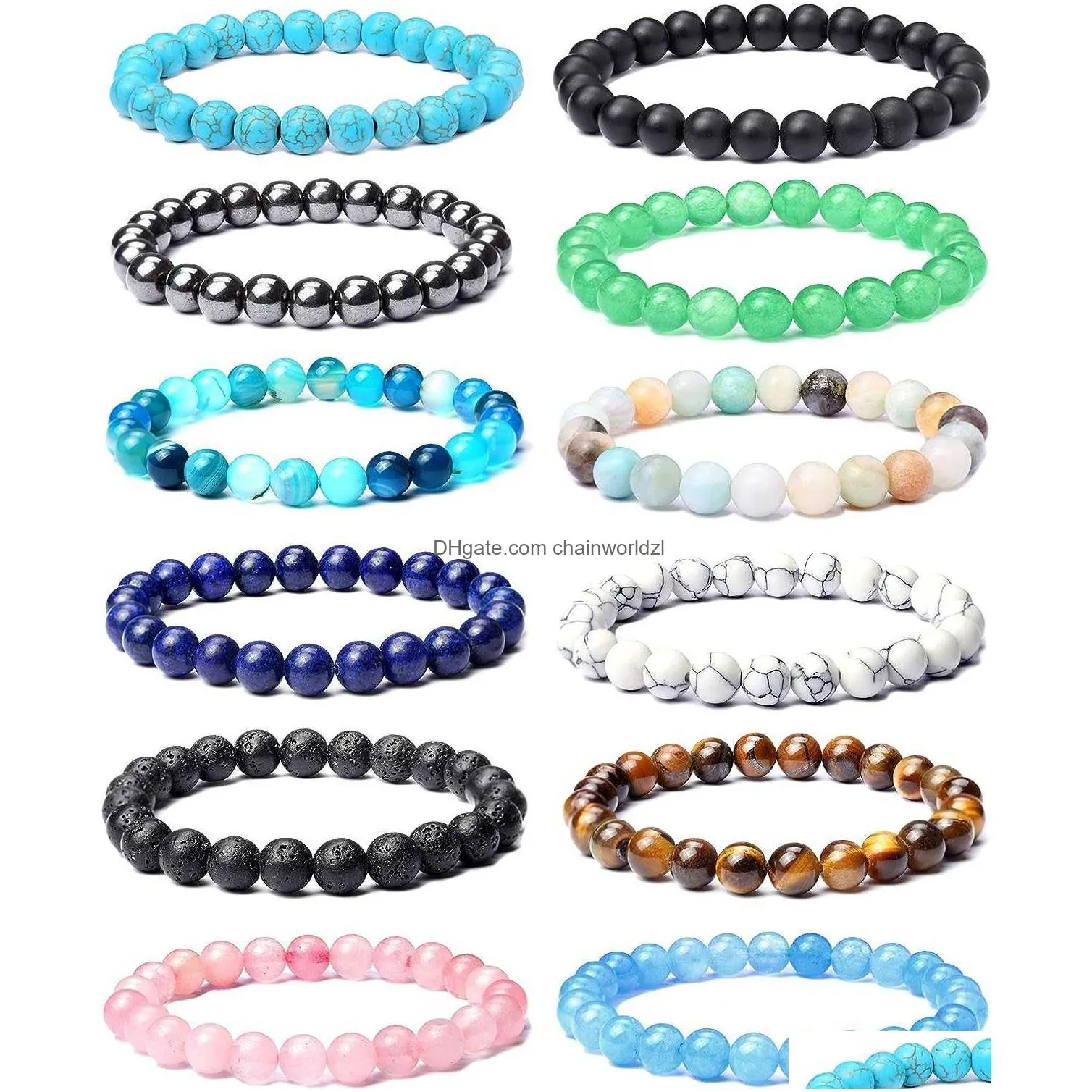 leocuci 12pcs 8mm semi-precious beaded bracelets for men women healing stretch round bead crystal gemstones bracelets