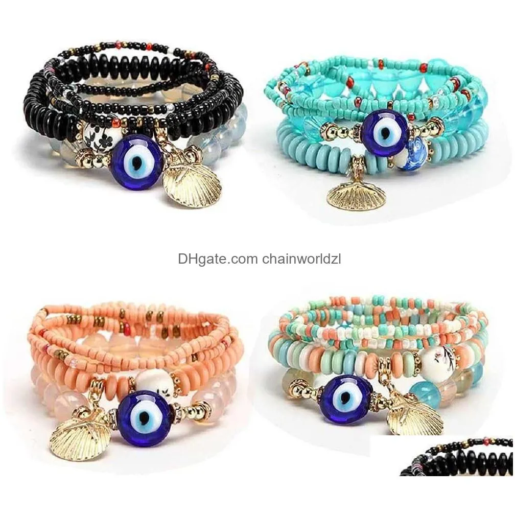 4 sets bohemian stretch beads bracelets multilayer evil eye hamsa hand bracelet boho charms stretch stackable bracelet handmade multicolor crystal beaded lucky