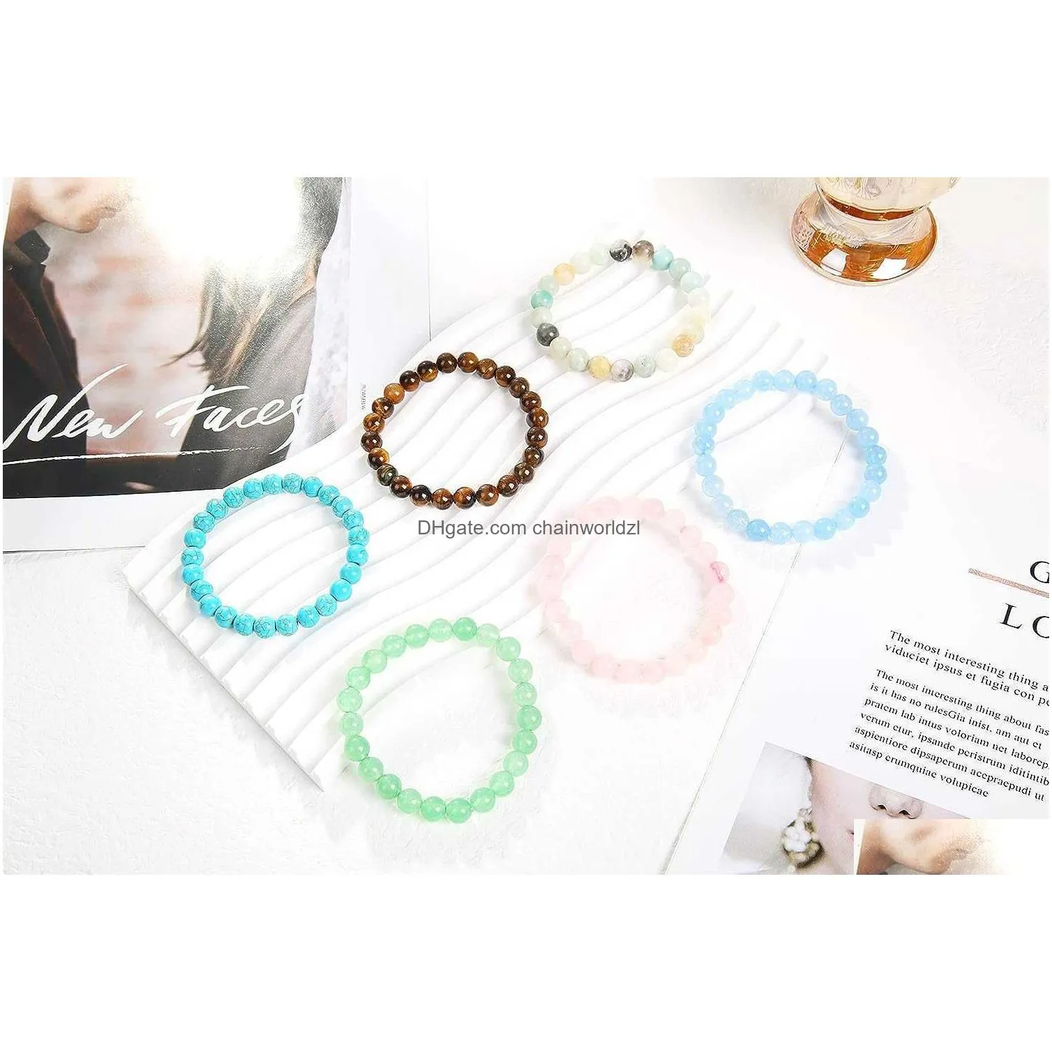 leocuci 12pcs 8mm semi-precious beaded bracelets for men women healing stretch round bead crystal gemstones bracelets