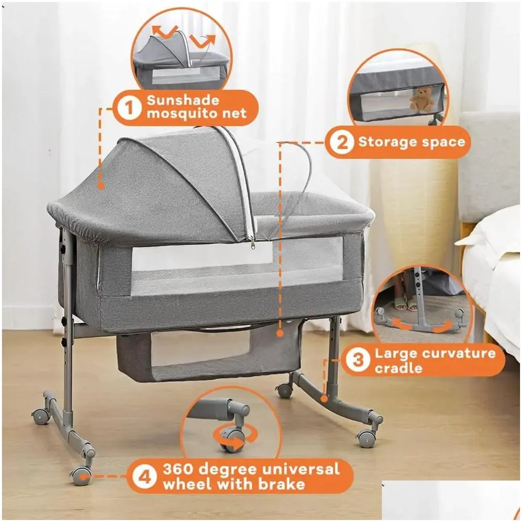 Baby Cribs uiuwoo Bedside Crib for Baby 3 in 1 Bassinet with Large Curvature Cradle Adjustable and Movable Baby Bed with Mosquito Nets