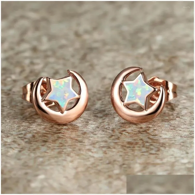 Stud Earrings Romantic Cute Moon Star Rose Gold Color Natural Fire Opal For Women Anniversary Banquet Dainty Jewelry