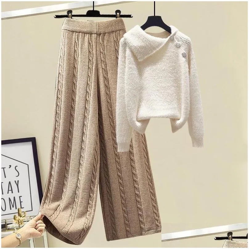 Women`s Two Piece Pants Plus Size Winter Warm 2 Set Women Pullover Sweater Top + Wide Leg Knitted Suit Tracksuit Clothes Outfits